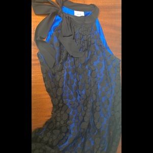 ECI black dress, size 8, lace over blue silk